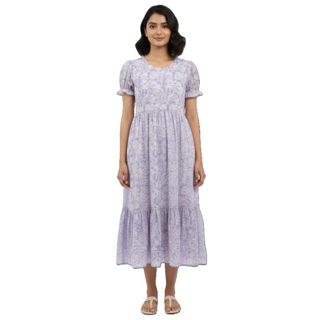 Women's Chiffon Floral Print Gown | Round Neck Puff sleeves Flare for women | Ankle Length Ruffle Hem | Ethnic Casual wear | Purple-White