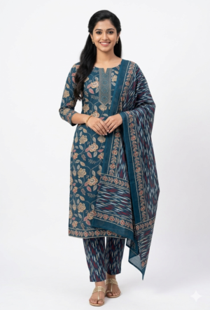 Women's Rayon Floral Print, Ajrakh Print Salwar Suit Set | Notch Neck 3/4 Sleeves Straight Kurta Set for women | Calf Length | Ethnic Floral Casual, Office wear | Teal-Blue | Black-Maroon
