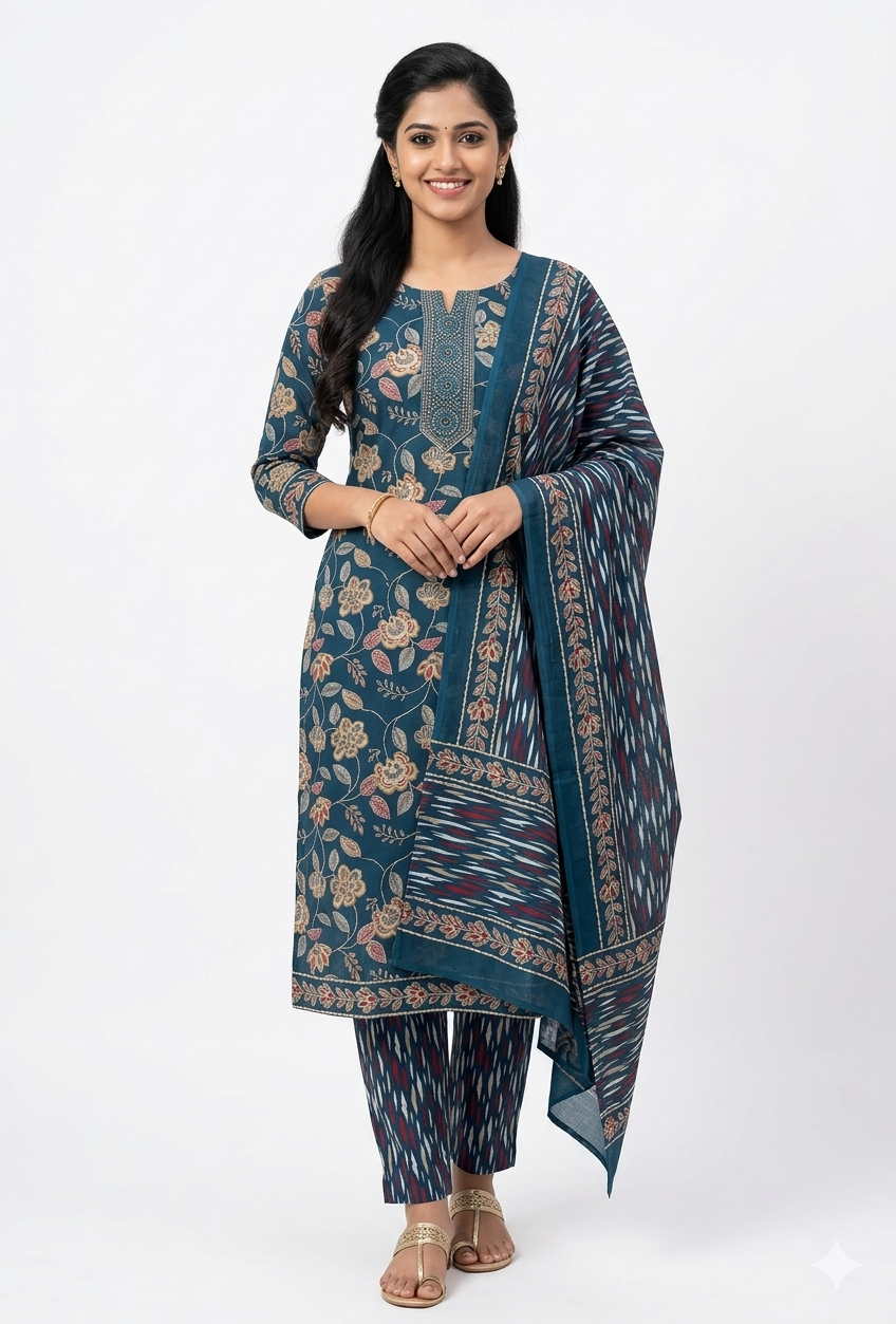 Women's Rayon Floral Print, Ajrakh Print Salwar Suit Set | Notch Neck 3/4 Sleeves Straight Kurta Set for women | Calf Length | Ethnic Floral Casual, Office wear | Teal-Blue | Black-Maroon