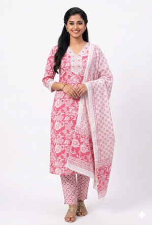 Women's PureCotton Floral Print Salwar Suit Set | V-Neck 3/5 Sleeves Straight Kurta Set for women | Calf Length | Ethnic Floral Festive, Office wear | Pink