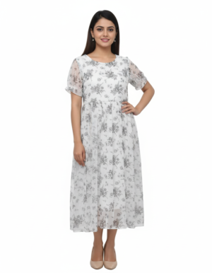 Women's Georgette Elegant  Floral Print Gown | Round Neck Puff sleeves Midi Dress for women | Maxi Length | Soft Floral Party wear | White-Gray