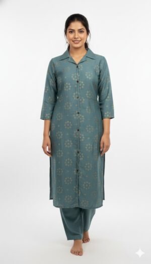 Women's Viscos-Rayon Floral Print CordSet | V-Coller 3/4 Sleeves Kurti with Palazo for women | Hemline | Ethnic Traditional wear | Teal-Blue