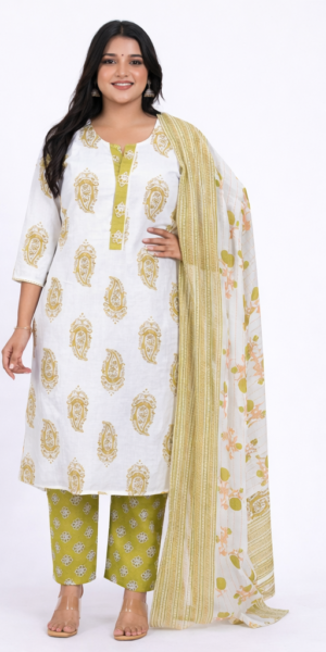 Women's PureCotton Paisley Print Salwar Suit Set | Split Round Neck 3/4 Sleeves Straight Kurta Set for women | Calf Length | Ethnic Traditional Casual, Office wear | White-Green