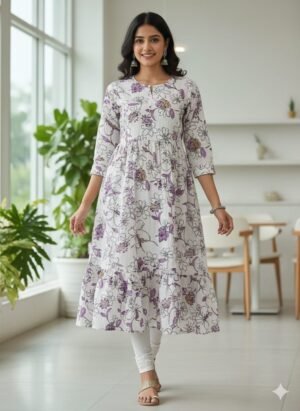 Women's Cotton-Blend Floral Print Gown | R-Noch 3/4 Sleeves Tiered Ruffle Hem for women | Below Knee Length | Ethnic Casual Summer wear | Purple