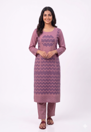Women's Cotton Chevron / Zig Zag Print Top | Round Neck 3/4 Sleeves Straight Kurti for women | Calf Length | Minimal Ethnic Casual wear | Pink