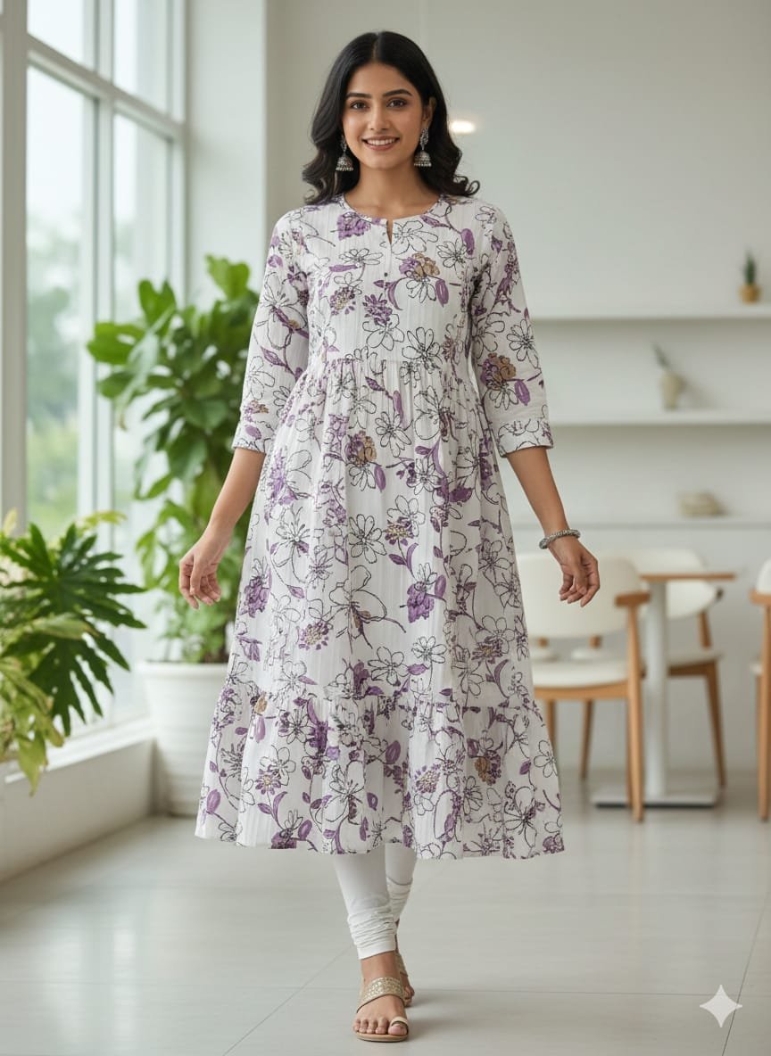 Women's Cotton-Blend Floral Print Gown | R-Noch 3/4 Sleeves Tiered Ruffle Hem for women | Below Knee Length | Ethnic Casual Summer wear | Purple