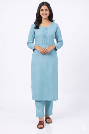 Girl's Synthetic-Blend Solid with Embroidered Yoke Top Short | Round Neck 3/4 Sleeves Straight Fit for women | Calf Length | Minimal Ethnic Casual wear | Teal-Blue | Pink | Peach | Coffee-Brown | Light-Brown