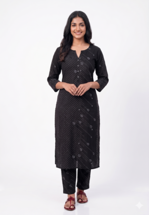 Women's Cotton Geometric Printed Top | Split Round Neck 3/4 Sleeves Straight Fit for women | Calf Length | Contemporary Ethnic Casual wear | Black