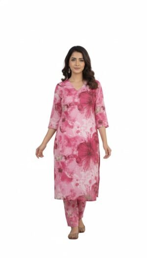Women's Cotton-Blend Floral Print CordSet | V-Neck 3/4 Sleeves Kurti with Palazo for women | Blow Knee Length | Ethnic Party, Traditional wear | Pink