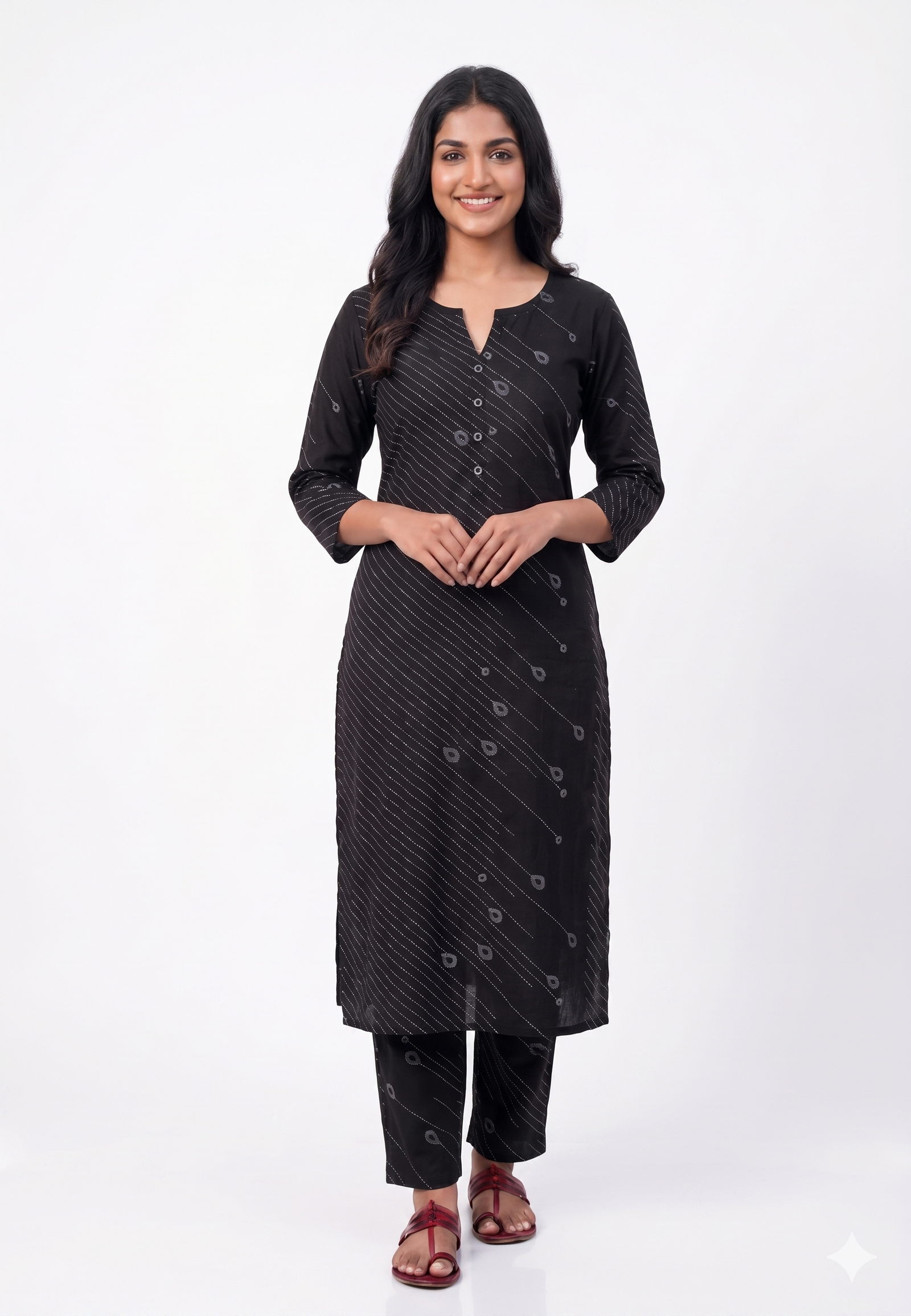 Women's Cotton Geometric Printed Top | Split Round Neck 3/4 Sleeves Straight Fit for women | Calf Length | Contemporary Ethnic Casual wear | Black