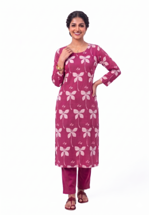 Women's Cotton Floral Printed Top | Round Neck 3/4 Sleeves Straight Kurti for women | Calf Length | Minimal Ethnic Casual wear | Pink