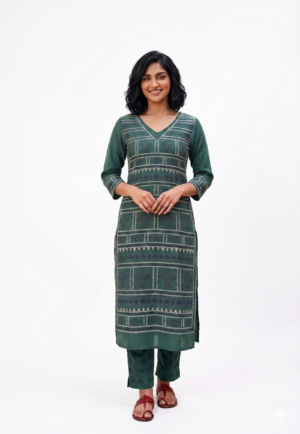 Women's Cotton Geometric Printed Top | V-Neck 3/4 Sleeves Straight Kurti for women | Calf Length | Tribal Ethnic Casual wear | Leaf-Green