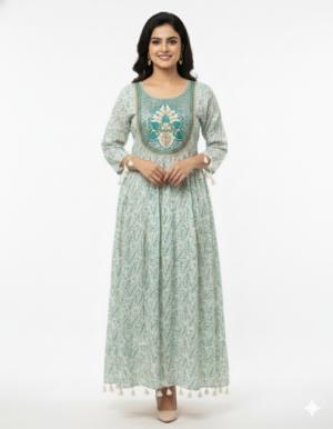 Women's Cotton Chamki with third work Gown | Round Neck 3/4 Sleeves Anarkali Style for women | Calf Length | Ethnic Casual wear | Cream-Green | Red | Magantha | Black