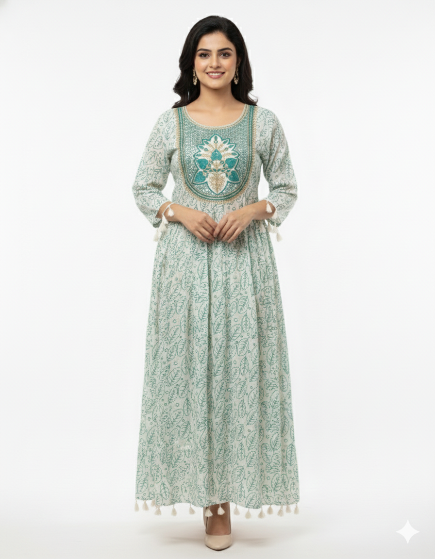 Women's Cotton Chamki with third work Gown | Round Neck 3/4 Sleeves Anarkali Style for women | Calf Length | Ethnic Casual wear | Cream-Green | Red | Magantha | Black