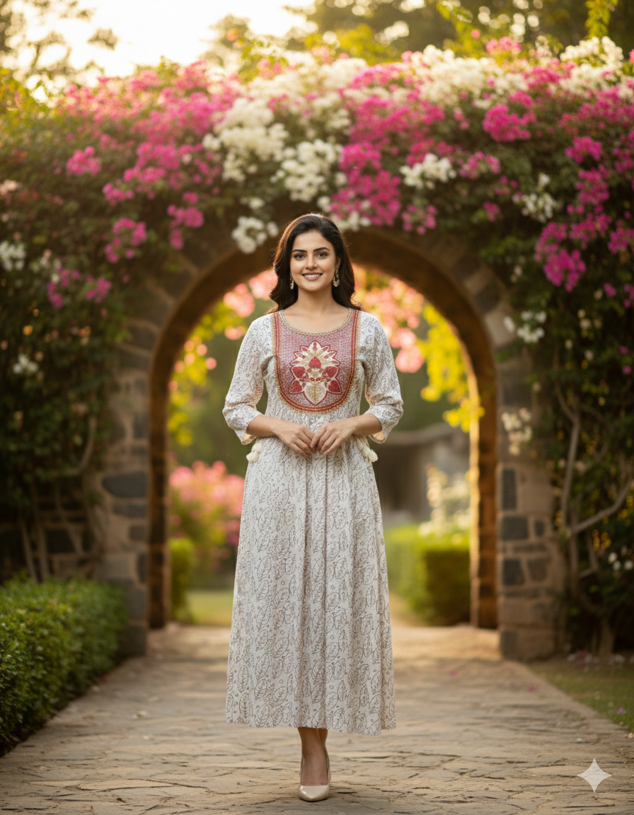Women's Cotton Chamki with third work Gown | Round Neck 3/4 Sleeves Anarkali Style for women | Calf Length | Ethnic Casual wear | Cream-Green | Red | Magantha | Black - Image 2