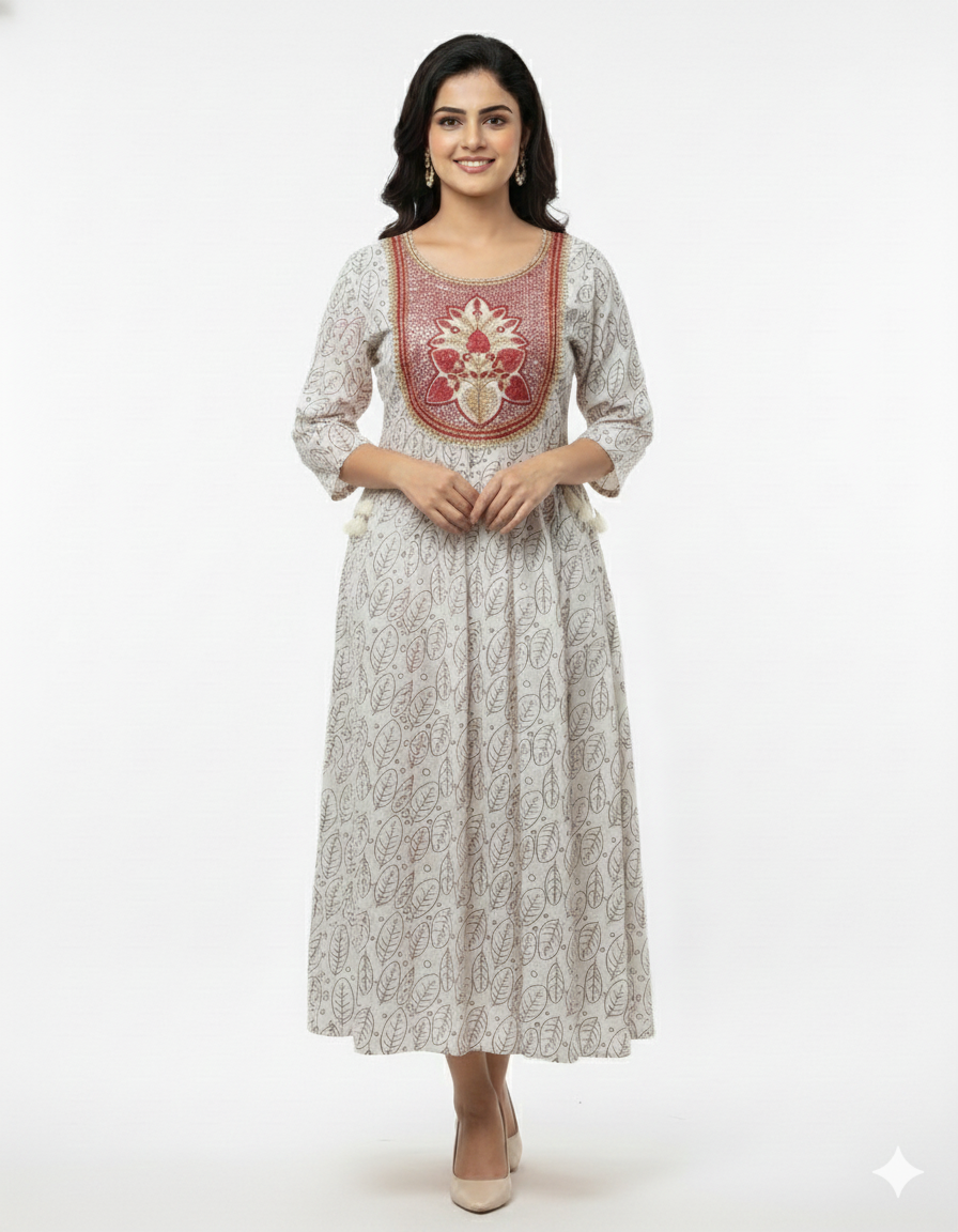 Women's Cotton Chamki with third work Gown | Round Neck 3/4 Sleeves Anarkali Style for women | Calf Length | Ethnic Casual wear | Cream-Green | Red | Magantha | Black - Image 4