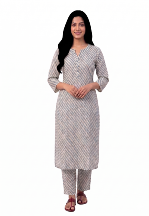 Women's Cotton Striped Printed Top | Split Mandarin Neck 3/4 Sleeves Straight Kurti for women | Calf Length | Minimal Ethnic Casual wear | Blue-White