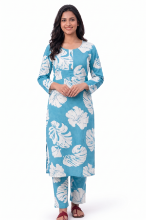 Girl's Cotton-Blend Tropical Leaf Printed Top Short | Round Neck 3/4 Sleeves Straight Kurti for women | Calf Length | Tropical Casual Casual wear | Blue | Pink | Yellow | Dark-Blue