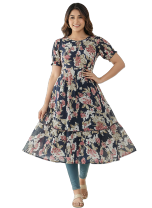 Girl's Georgette Floral Print Top Frock | Round Neck Short Puff Sleeves Fit & Flare for women | Knee Length | Westrn Casual, Vacation wear | Black-Pink-3 | Blak-Red- 1