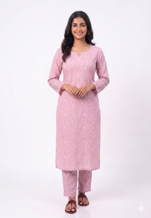Women's Chiffon Floral Printed Top | Notch Round Neck 3/4 Sleeves Straight Kurti for women | Calf Length | Minimal Ethnic Casual wear | Soft-Rose