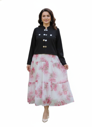 Girl's Georgette Floral Print, Layered Top Mini | Mandarin Collar Puff sleeves Layered Fit & Flare for women | Midi Length | Fusion Ethnic Festive, Evening wear | Black-Pink | Black-Yellow