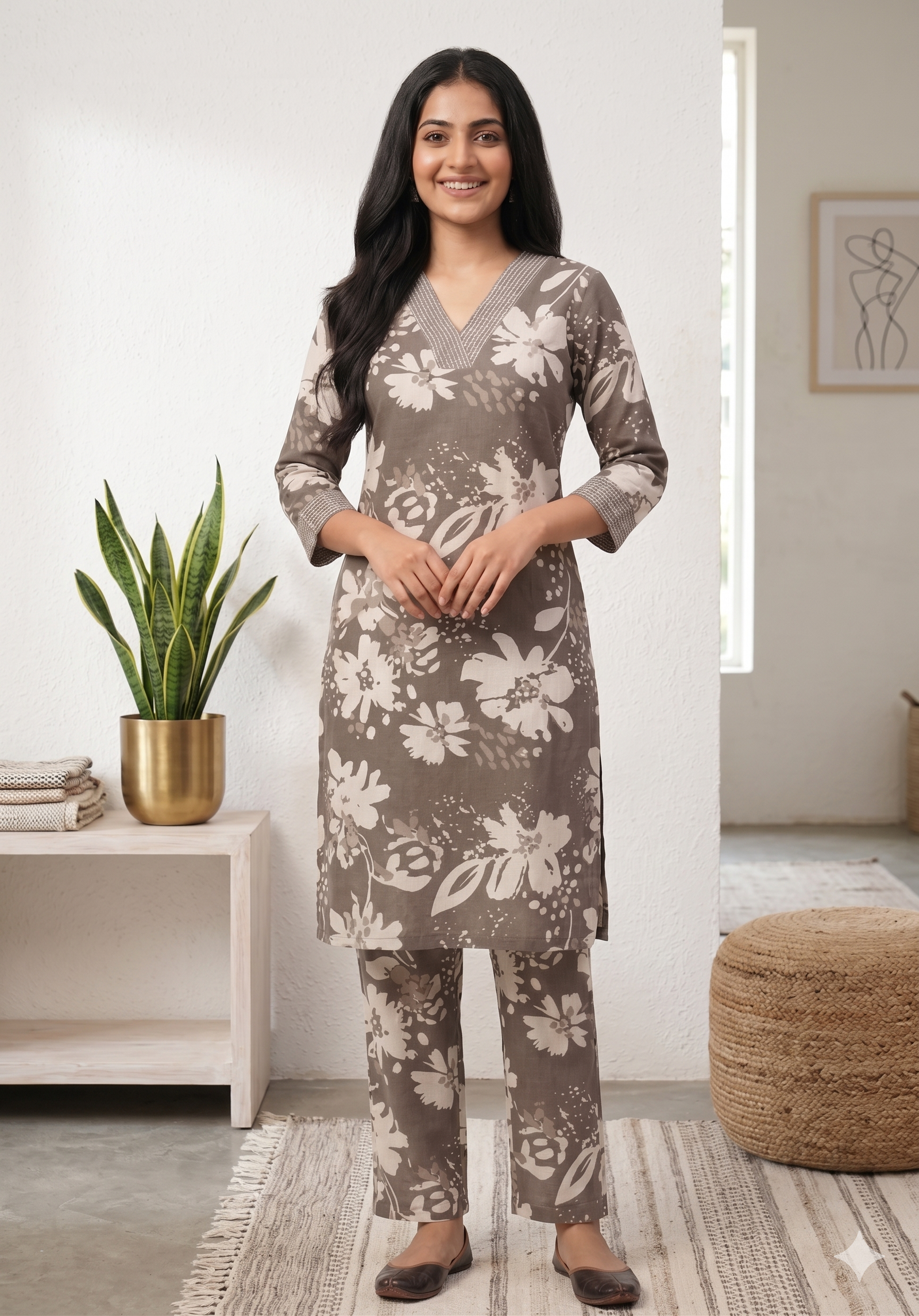 Women's Rayon Floral Print Co-ordinate Out Fit | V-Neck 3/4 Sleeves Straight Fit for women | Calf Length | Minimal Ethnic Casual, Office wear | Gray-White