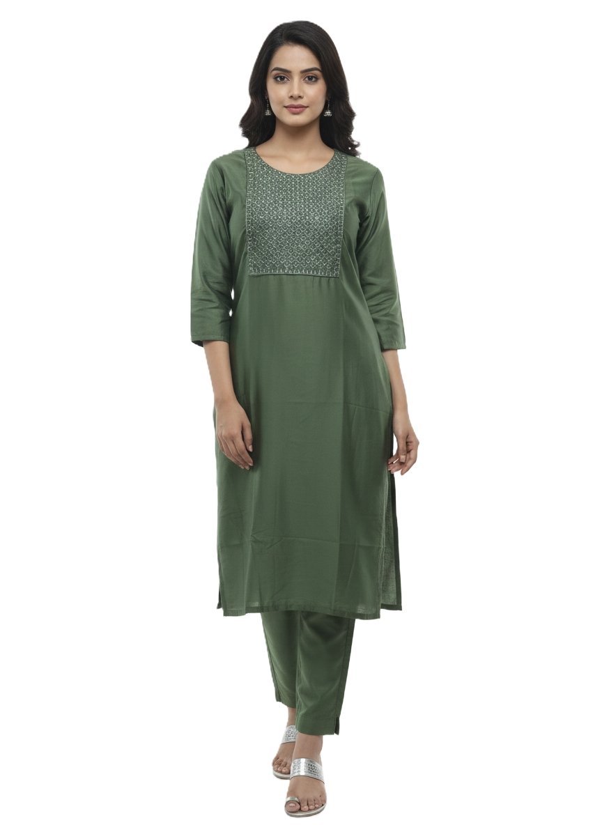 Women's Georgette Embroidered, Solid Top | Round Neck 3/4 Sleeves Straight for women | Calf Length | Ethnic Casual, Office wear | (Mint-Blue M1, XL1, L1) | (Blue L1, XL 1, XXL1) | (Green XXL 1) | (Ny-Blue XXL1) | (Turquoise-Blue XXL1 ) - Image 3
