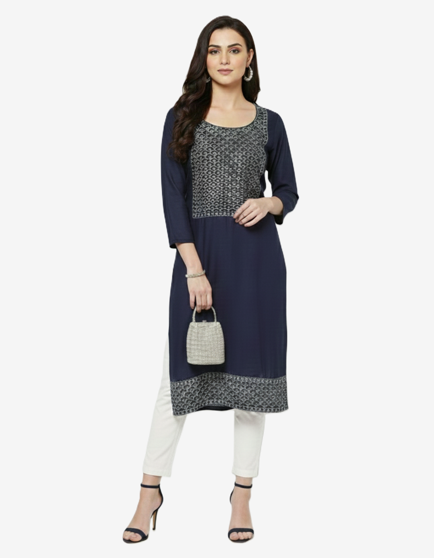 Women's Georgette Embroidered, Solid Top | Round Neck 3/4 Sleeves Straight for women | Calf Length | Ethnic Casual, Office wear | (Mint-Blue M1, XL1, L1) | (Blue L1, XL 1, XXL1) | (Green XXL 1) | (Ny-Blue XXL1) | (Turquoise-Blue XXL1 ) - Image 4