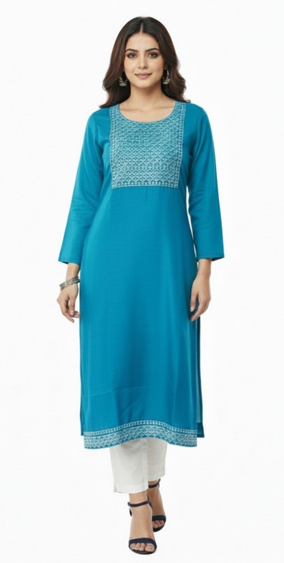 Women's Georgette Embroidered, Solid Top | Round Neck 3/4 Sleeves Straight for women | Calf Length | Ethnic Casual, Office wear | (Mint-Blue M1, XL1, L1) | (Blue L1, XL 1, XXL1) | (Green XXL 1) | (Ny-Blue XXL1) | (Turquoise-Blue XXL1 ) - Image 5