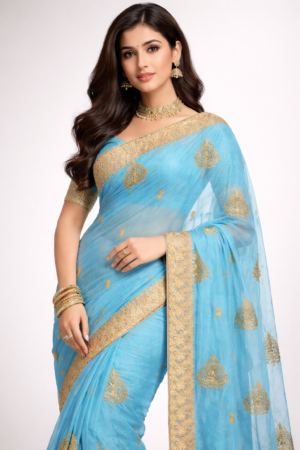 Women's Poonam silk saree | Embroidered Butta Heavy Embroidered Zari Border with Blouse saree for women | sari 6.25 mtr | Royal Ethnic Festival wear, SkyBlue-Gold  |  LimeGreen-Gold  |  Coffee-Brown