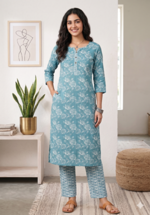 Women's PureCotton Floral Print Co-ordinate Out Fit | Round Notch Neck 3/4 Sleeves Straight Fit for women | Calf Length | Minimal Floral Casual, Office wear | Teal-Blue