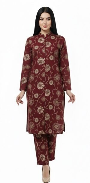 Women's Cotton Floral Print CordSet | Mandarin Collar 3/4 Sleeves Straight Kurta Set for women | Calf Length | Ethnic Casual, Daily wear | Blue-white(5) | Maroon-white(5)