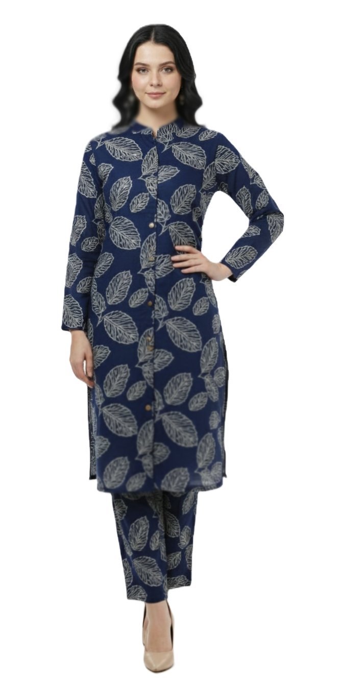 Women's Cotton Floral Print CordSet | Mandarin Collar 3/4 Sleeves Straight Kurta Set for women | Calf Length | Ethnic Casual, Daily wear | Blue-white(5) | Maroon-white(5) - Image 2