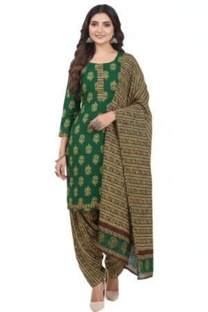 Women's Cotton Ethnic Motif Print Salwar Suit Set | Round Neck 3/4 Sleeves Straight for women | Calf Length | Traditional Ethnic Festive, Party wear | Green | Yellow | Pink