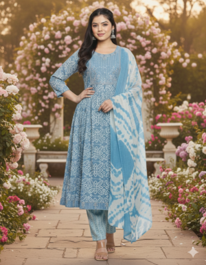 Women's Rayon Cotton Floral & Ethnic Print Salwar Suit Set | Round Neck 3/4 Sleeves Straight Kurta Set for women | Calf Length | Traditional Ethnic Festive, Party wear | Sky-Blue | Mustard-Yellow | Pink