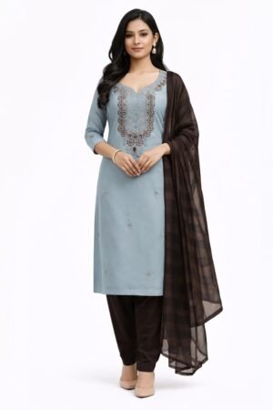 Women's Chiffon Stone Work, Embroidered, Embroidered Floral, Dotted Print, Embroidered Chudidhar (Mat) | Sweetheart Neck Unstiched 1/2 sleeves Straight Fit for women | Calf Length | Traditional Ethnic Festive, Office wear | Red | Gray-Brown | Turquoise-Blue