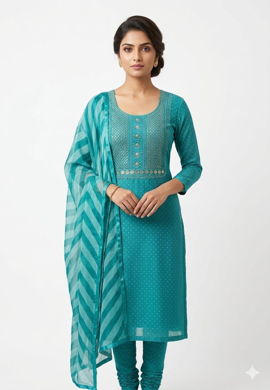 Women's Chiffon Stone Work, Embroidered, Embroidered Floral, Dotted Print, Embroidered Chudidhar (Mat) | Sweetheart Neck Unstiched 1/2 sleeves Straight Fit for women | Calf Length | Traditional Ethnic Festive, Office wear | Red | Gray-Brown | Turquoise-Blue - Image 2