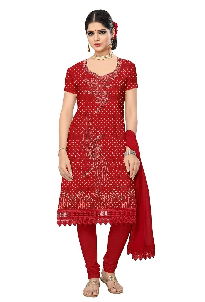 Women's Chiffon Stone Work, Embroidered, Embroidered Floral, Dotted Print, Embroidered Chudidhar (Mat) | Sweetheart Neck Unstiched 1/2 sleeves Straight Fit for women | Calf Length | Traditional Ethnic Festive, Office wear | Red | Gray-Brown | Turquoise-Blue - Image 3