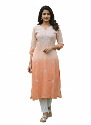 Women's Rayon Embroidered Floral Top | Notch Neck Notch Neck Straight Fit for women | Calf Length | Casual Ethnic Casual wear | Peach-Ombre