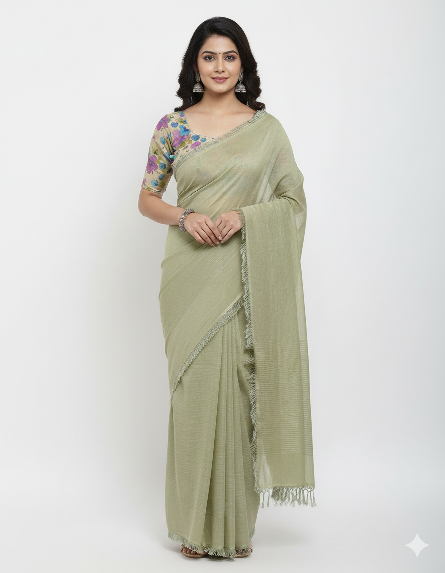 Women's Viscos silk saree | Solid with Floral Fringed Border with Blouse saree for women | sari 6.25 mtr | Minimal Traditional Office wear, Teal-Blue | Sage-Green | Mauve-Pink - Image 2