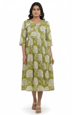 Women's Cotton Floral Print Gown | Round Neck 3/4 Sleeves Anarkali Style for women | Calf Length | Casual Ethnic Casual, Daily wear | Cream-Green