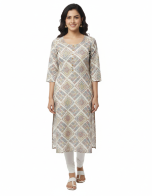 Women's Cotton Geometric Print Top | Round Neck 3/4 Sleeves Straight Fit for women | Calf Length | Casual Ethnic Casual, Daily wear | OffWhite-Multi