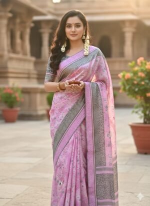 Women's Silk saree | Floral Print Contrast Woven Border without Blouse saree for women | sari 5.5 mtr | Graceful Traditional Festive wear, Baby-Pink