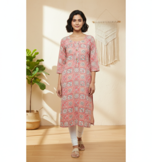 Women's Cotton Geometric Ethnic Print Top | Round Neck 3/4 Sleeves Straight Fit for women | Calf Length | Casual Ethnic Casual, Daily wear | Coral-Pink