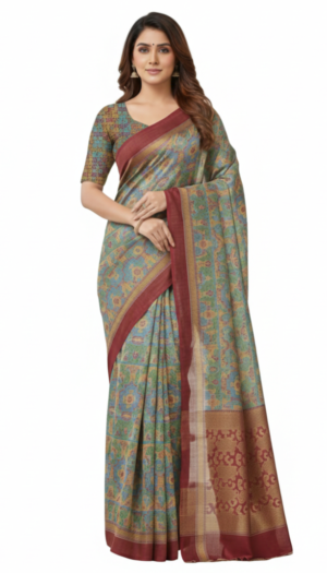 Women's Cotton saree | Floral Woven Pattern Contrast Woven Border with Blouse saree for women | sari 6.25 mtr | Classic Festive Festive wear, Rust-Grey | Maroon | Mustard-Yellow