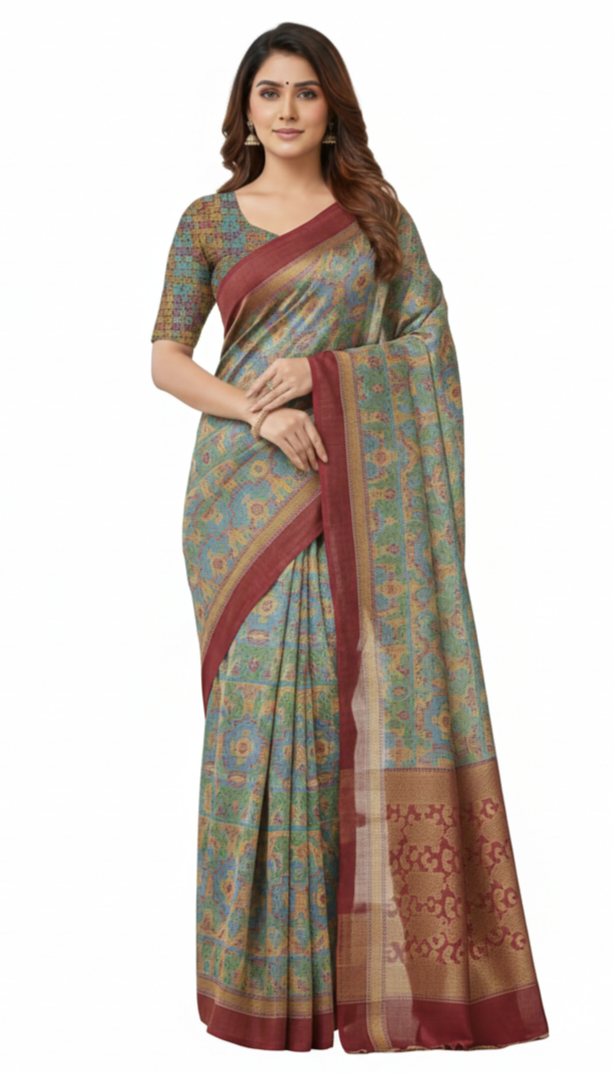 Women's Cotton saree | Floral Woven Pattern Contrast Woven Border with Blouse saree for women | sari 6.25 mtr | Classic Festive Festive wear, Rust-Grey | Maroon | Mustard-Yellow