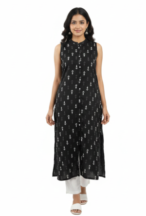 Women's Cotton Ethnic Motif Print Kurti | Mandarin Collar Unstiched 1/2 sleeves Straight Fit for women | Calf Length | Minimal Ethnic Casual  wear | Black
