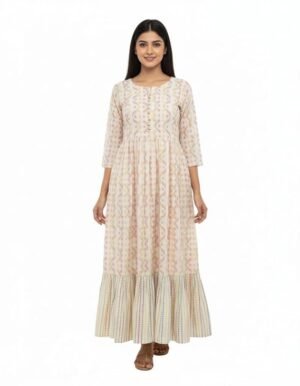 Women's Cotton Geometric Ethnic Print Gown | Round Neck 3/4 Sleeves Tiered Anarkali for women | Ankle Length | Casual Ethnic Festive, Traditional wear | Cream