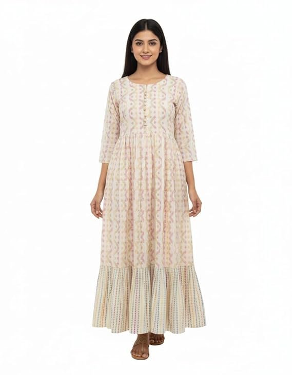Women's Cotton Geometric Ethnic Print Gown | Round Neck 3/4 Sleeves Tiered Anarkali for women | Ankle Length | Casual Ethnic Festive, Traditional wear | Cream