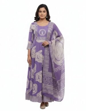 Women's Georgette Abstract Printed Salwar Suit Set | Round Neck 3/4 Sleeves Anarkali Style for women | Ankle Length | Festive Ethnic Festive, Traditional wear | Purple